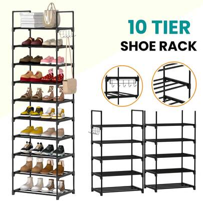 AutoFu 10 Tiers Metal Shoe Rack Footwear Organizer Wooden Storage Shelves Stand With Hooks, For Tall Narrow Vertical Home Storage Solutions, Save Space Shoe Shelf Black