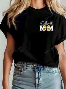Plus Size Mother's Day Butterfly & "Softball MAMA" Graphic Tee, Women's Black Short Sleeve Round Neck T-Shirt, Casual Everyday Wear For Summer