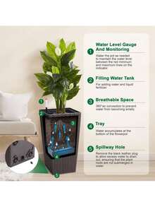 Huisuilinss Tall Planter Set Of 2,Large Flower Pot,Tapered Planter,Outdoor Indoor Plant Pots With Water Level Monitor & Wheels,2 Trays For Patio Porch Living Room Home Office - màu nâu - Xem 7