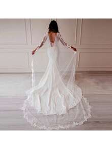 1 pieza Chal de novia con borde de encaje de cola de perla, capa nupcial de encaje de perlas falsas - Beis - Ver 3