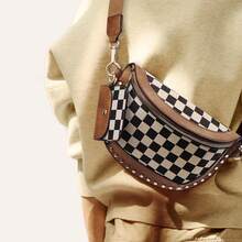 Women's Punk Style Studded Decor Bum Bag, Fashion Colorblock Checked Pattern Crossbody Bag For Daily Used, Casual Versatile High-Quality Daily Commuting Bag - màu nâu - Xem 8