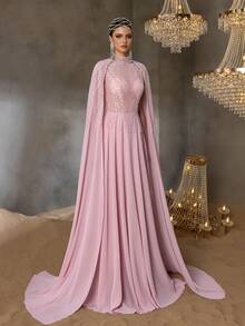 优雅的珠饰雪纺高领晚礼服，搭配透明珠饰披肩袖——闪闪发光的全身设计和飘逸的拖裙，适合奢华的红毯和宴会活动 - 藕粉色 - 查看 6