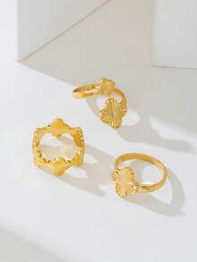 3pcs Alloy Flower Hollow Non-Fading Metal Plated Durable Rings Set - Yellow Gold - View 5