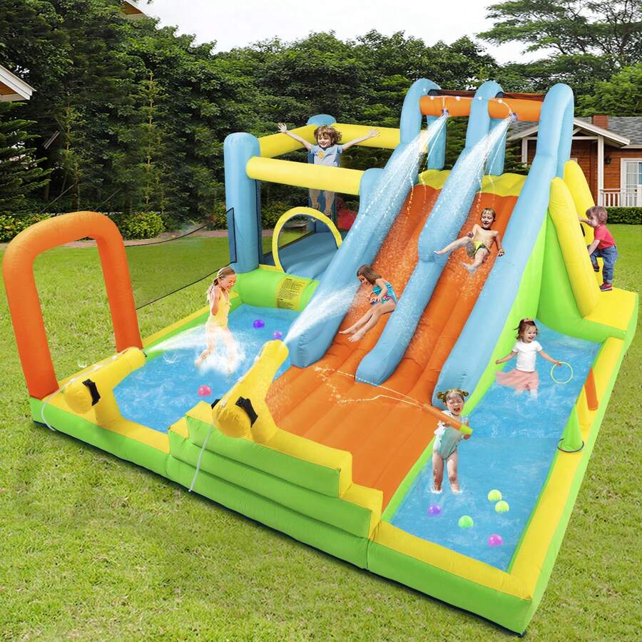 JOYLDIAS Discount Summer Giant Inflatable Water Slide, Waterpark Bounce House With 2 Long Slides, Splash Pool, Trampoline, Climbing Wall, Tossing Game Ring, 550W Hairdryer For Children's Backyard Gardens Indoor And Outdoor Use - 美規A型插(110-127V) - 查看 1