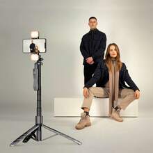 61.8 英寸铝合金自拍杆三脚架，带 2 个补光灯和稳定器手柄，适用于所有智能手机、直播、自拍、摄影 - 黑色 - 查看 6