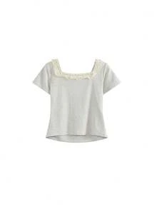 Summer Korean Style Pure Ruffled Collar Splice Tie Short Sleeve Cropped T-Shirt For Women Casual - Gray - View 6