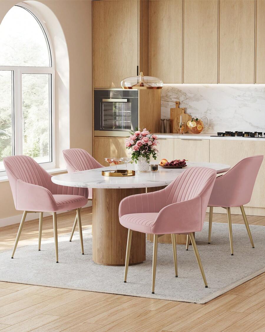 Sedia da Pranzo, Sedia da Cucina, Poltrona in Velluto Imbottita con Braccioli, Regge 120 kg, Gambe in Metallo, per Sala da Pranzo, Cucina,  Rosa Pastello e Dorato Pallido - Rosa - Visualizzare 1