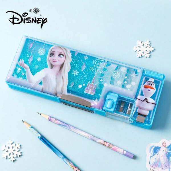 Disney صندوق قرطاسية عليه الرمل المتحرك لطالبات المدارس الابتدائية، غلاف قلم متعدد الوظائف بطبقتين وسعة كبيرة ذو جاذبية عالية لتخزين الأقلام والأقلام الرصاص