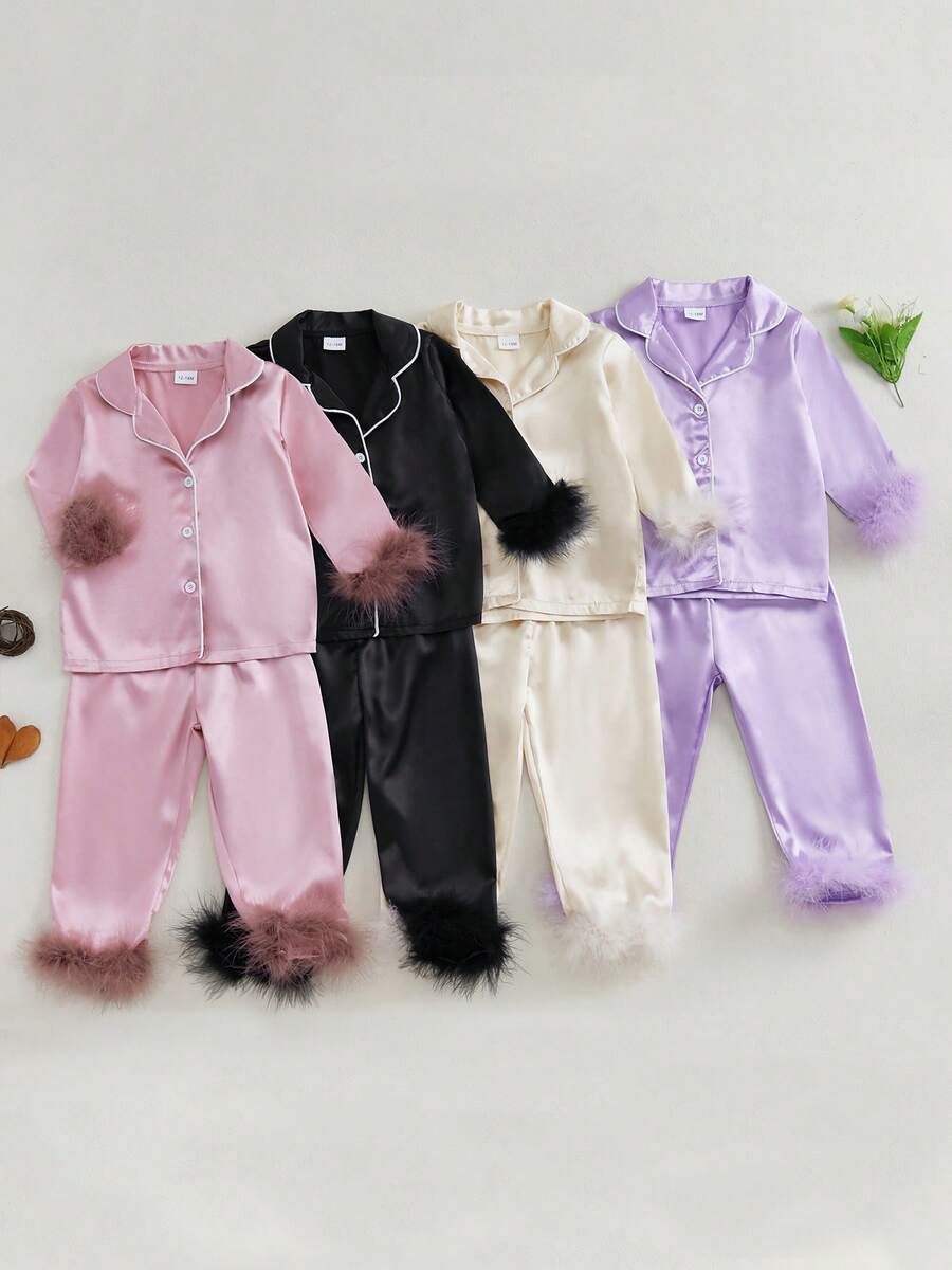 Toddler Baby Girl Satin Pajamas Set Silk Bow Print Feather Trim Long Sleeve Tops Long Pants 2 Pieces Lounge Suit Sleepwear - Purple - View 1