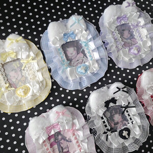 Handmade Plush Rabbit Cats Ears Lace Photo Kpop Card Holder,School Supplies,Back To School