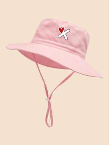 1 pezzo Cappello da sole per bambini con stampa a cuori e lettere, con cordino regolabile antivento, stile casual, cappello secchiello per neonati, adatto per attività all'aperto, spiaggia, protezione dal sole
