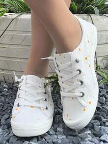 女士休闲碎花平底鞋，时尚白色雏菊图案，适合万圣节、圣诞节、夜总会派对，柔软、舒适、透气、防滑，加大码，适合户外散步和运动