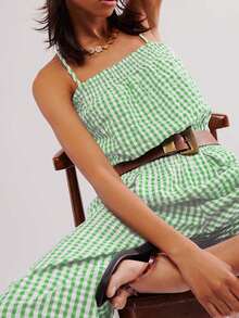 Women's Casual Plaid Gingham Wide Leg Jumpsuits Spaghetti Straps Long Smocked Overalls Rompers Summer Y2K Baggy Sleeveless Long Romper