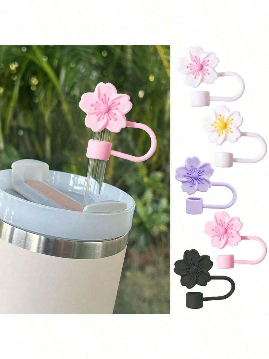 2 piezas Tapas reutilizables de silicona para sorbetes, tapas creativas con diseño de flor de cerezo para sorbetes, tapas anti-salpicaduras y antipolvo para sorbetes, accesorios portátiles y fáciles de limpiar para vasos aislados, tapas de sorbete con flores de 10 mm de grosor, lindas tapas de sorbete con estampado floral de dibujos animados en colores rosa/morado/negro/blanco-amarillo/blanco-rosa