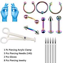16Pcs/Sets Body Piercing Tools Kit,14G Piercing Needles,Piercing Clamps For Nose Septum Lip Tongue Eyebrow Rings Ear Piercing Jewelry Kit Tools - Blue Gloves - View 2