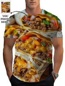 可定制男士 3D 印花 T 恤 - 个性化照片汉堡和披萨设计，100% 涤纶休闲短袖 T 恤，可机洗夏季图案 T 恤，适合餐车、餐厅和家居，尺码 S-2XL - 彩色 - 查看 3