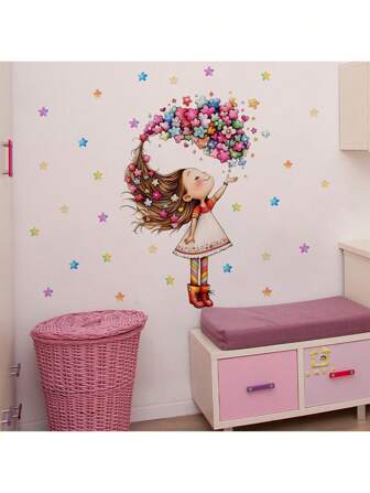 Whimsical Flower Girl Wall Decals - Colorful Cartoon Blossoms Removable Stickers For Kids Bedroom, Nursery & Playroom Decor - Cute Watercolor Wall Art Stickers With Adorable Girls Design, Self-Adhesive Peel & Stick Wall Decorations
