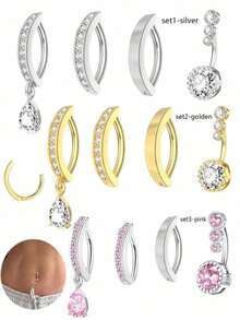 4pcs Fashionable & Sexy Water Drop Cubic Zirconia Belly Button Rings, Body Piercing Jewelry Set For Women