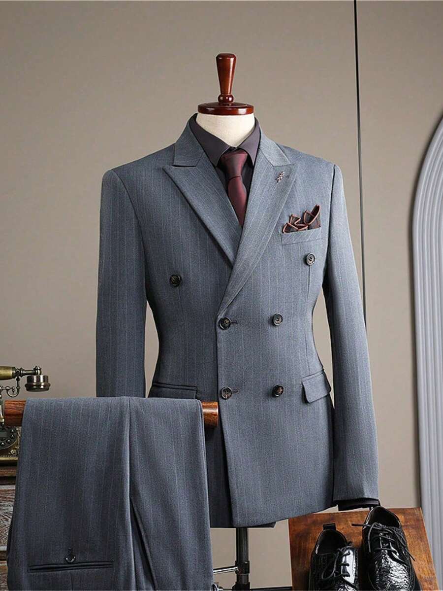 Double-Breasted Suit Two-Piece Men's Formal Wear British Fashion Graduation Ceremony Wedding Best Man's Wear Business Casual Suit Men's Wear - Light Grey - View 1