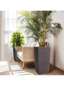 Huisuilinss Tall Planter Set Of 2,Large Flower Pot,Tapered Planter,Outdoor Indoor Plant Pots With Water Level Monitor & Wheels,2 Trays For Patio Porch Living Room Home Office - màu nâu - Xem 5