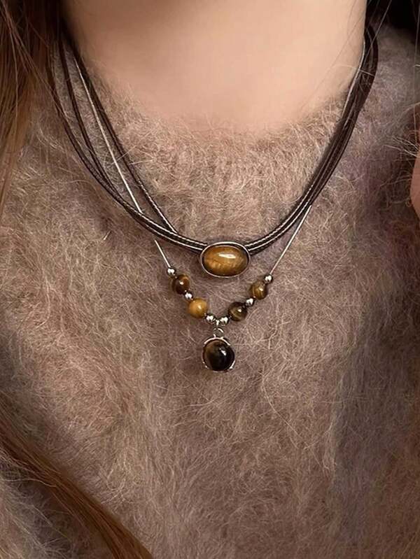 2 Pieces Set Retro Tiger Eye Necklace, Women Elegant Sweater Chain, Luxury Layered Clavicle Chain, Versatile Daily & Party Accessory