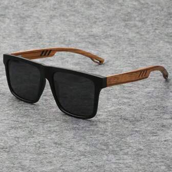 1 pieza Gafas negras cuadradas de madera de moda para hombre, aptas para conducir, vacaciones, viajes, yates, uso en fiestas