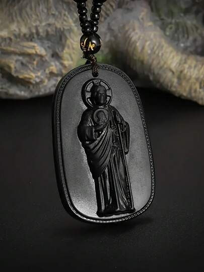 Collar con colgante ovalado de imitación de jade tallado, con colgante de figura elegante y cadena con cuentas, sin chapado - Accesorio de moda único