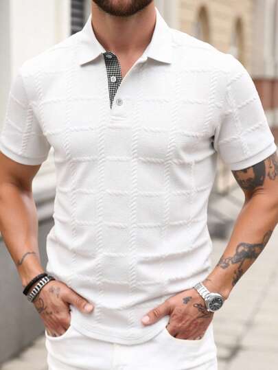 Men's Solid Color Jacquard Casual Short Sleeve Polo Shirt, Summer