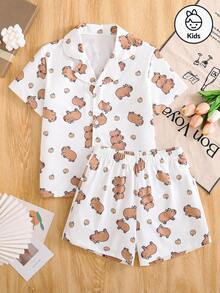 Cute Dolphin Printed Girl's 2 Pieces Pajama Set, Collar Button Short Sleeve Top And Loose Elastic Shorts, Casual Pajama Home Clothes - White - View 2