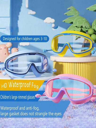 1pc 3-10 Years Old Children Anti-Fog HD Large Frame Swimming Goggles, Waterproof Anti-Fog Transparent And Comfortable Won't Strangle Eyes Swimming Goggles, Silicone Earplugs One-Piece Goggles, Suitable For Children's Swimming And Diving Use