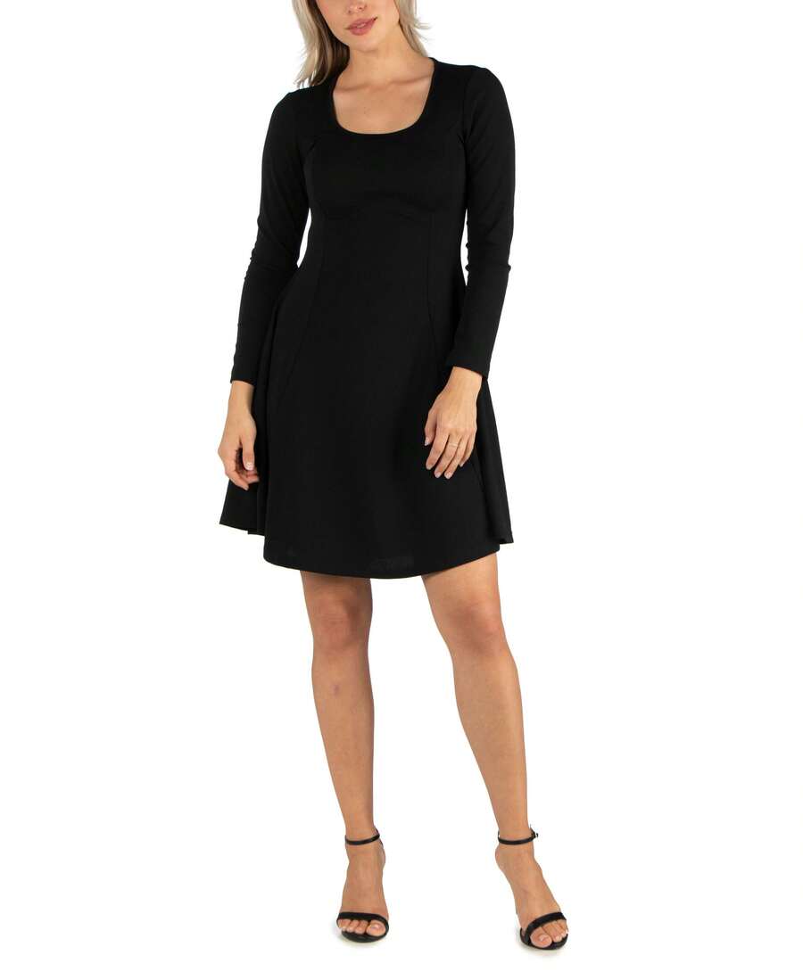 24seven Comfort Apparel Womens Simple Long Sleeve Knee Length Flared Dress - 黑色 - 查看 1