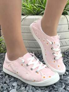 女士休闲碎花平底鞋，时尚白色雏菊图案，适合万圣节、圣诞节、夜总会派对，鞋底柔软，舒适、透气、防滑，加大码，户外步行运动鞋 - 粉色 - 查看 4