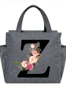 1pc Elegant Floral & Letter Tote Bag - Insulated Lunch Bag, Made Of Durable Polyester, Grey With Pink Flowers & Green Leaves, Suitable For Office, School And Outdoor Picnic
