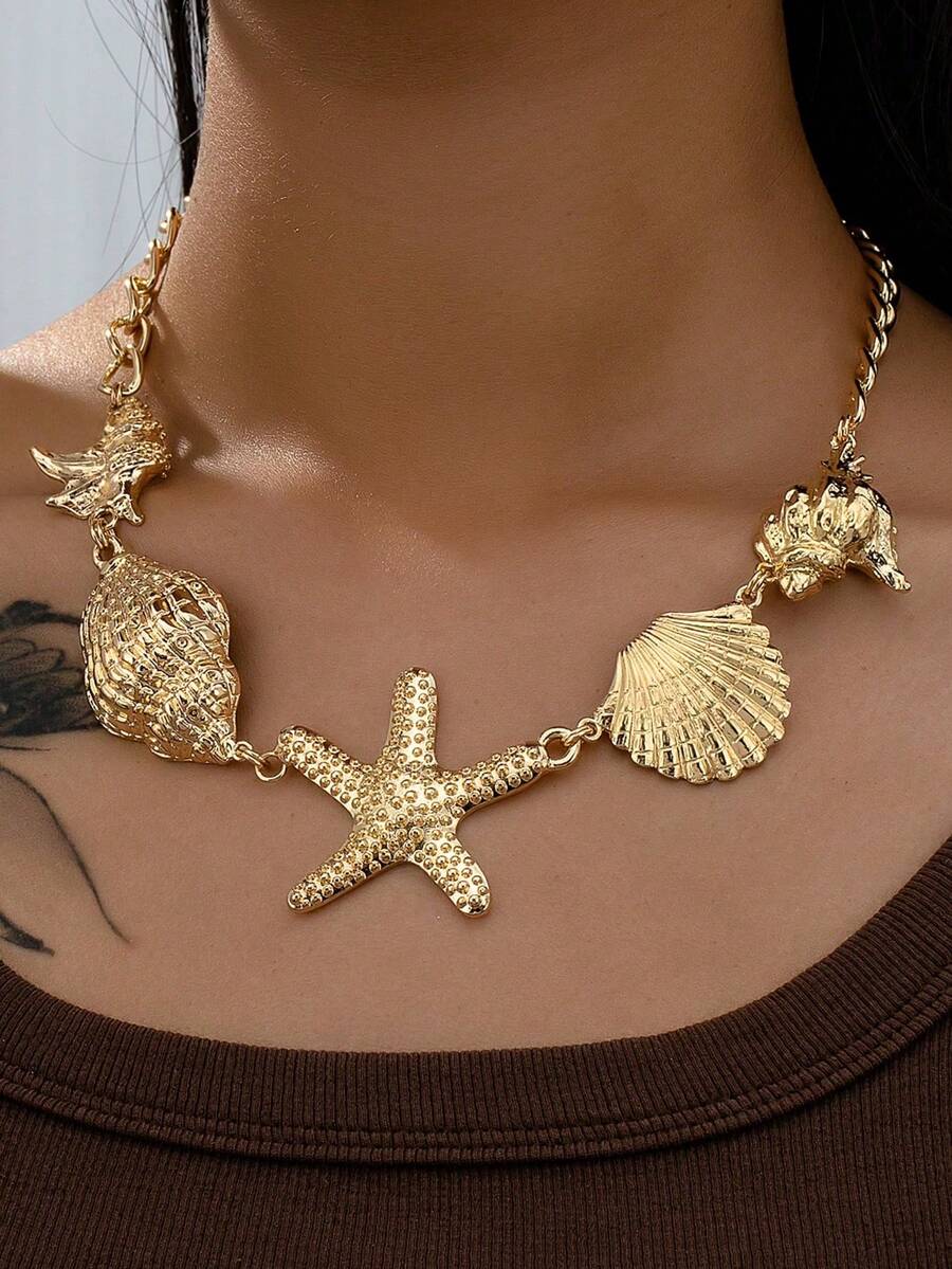 1 件金色夏季度假海滩贝壳海星项链女士款 - 金色 - 查看 1