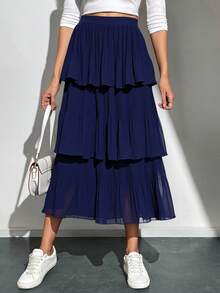 falda larga de olanes  Liso    Casual  Elegante    Bajo con volante  Capas relajadas  Volante    Boda - Azul lavado oscuro - Ver 3