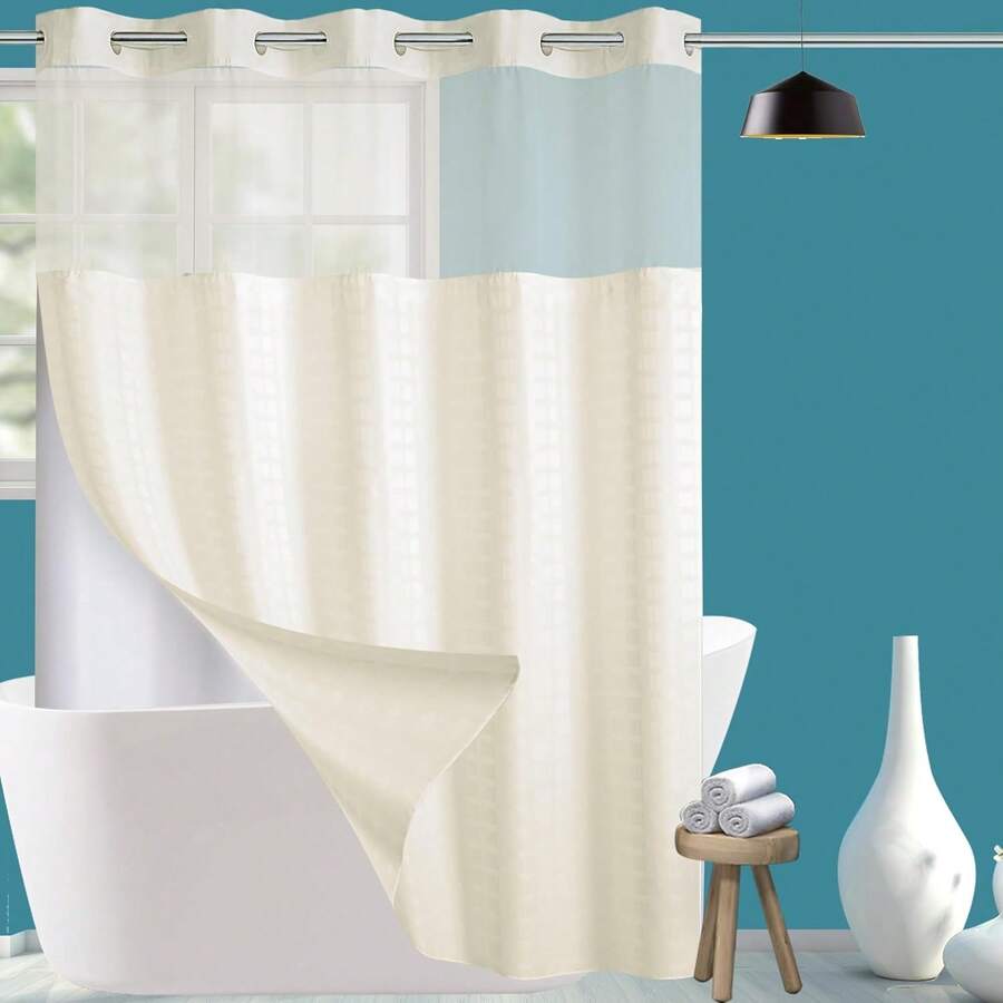 Wide Hotel Fabric Shower Curtain With Snap In Liner 108" X 74" For Bathroom Machine Washable Waterproof Repellent Shower Curtain (White 108" (W) X 74"(H)) - 格紋米色 - 查看 1