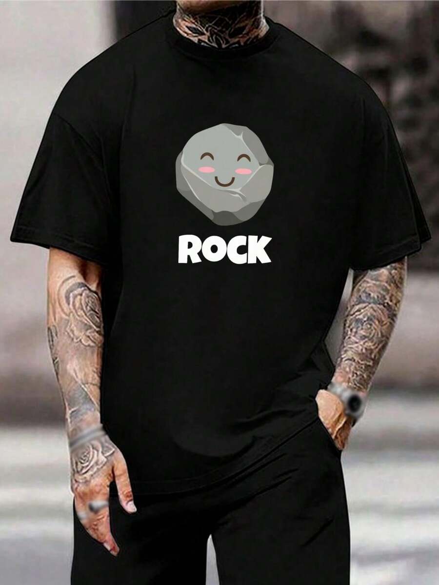 Camiseta gráfica de roca linda, camiseta Kawaii con cara de piedra - Diseño divertido y único, algodón suave, cuello redondo, regalo perfecto para geólogos y aficionados a las rocas! - Negro - Ver 1
