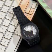 1 pieza Reloj de pulsera de cuarzo clásico y creativo para hombre, de estilo casual de negocios en azul, negro y rosa, con diseño de números arábigos y dibujos animados, adecuado para la oficina, deportes, cumpleaños, regalo para días festivos
