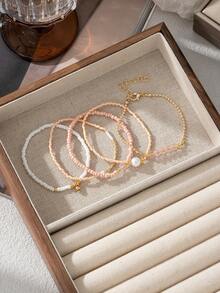Set de 5 piezas de pulsera ajustable de perlas imitadas y cuentas de cristal en capas, de color rosa delicado y oro, para uso diario, citas, fiestas, regalo para amigos - Multicolor - Ver 3