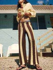 Beach Vacation Clothes For Women 2 Piece Outfits Summer Striped Crochet Knited One Shoulder Asymmetrical Hem Tank Tops WIde Leg Pants Tracksuits Y2k Lounge Outfits Beach Set - 咖啡棕 - 查看 3