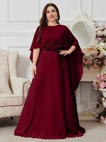 SUPGIR 圆领披肩袖束腰蓬蓬裙花朵点缀优雅粉色晚会礼服 - 酒紅色 - 查看 1