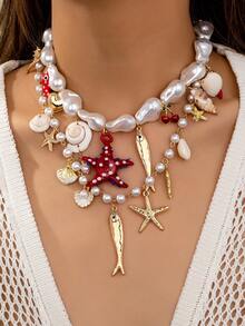 1 件波西米亚风格 ABS 珍珠海洋动物鱼、海星、贝壳多吊坠项链套装，手工玻璃，适合夏季海滩派对和日常佩戴
