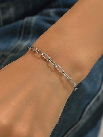 1pc Minimalist Paperclip Design Women Bracelet, Sweet Style Stainless Steel Jewelry, Fashion Accessory