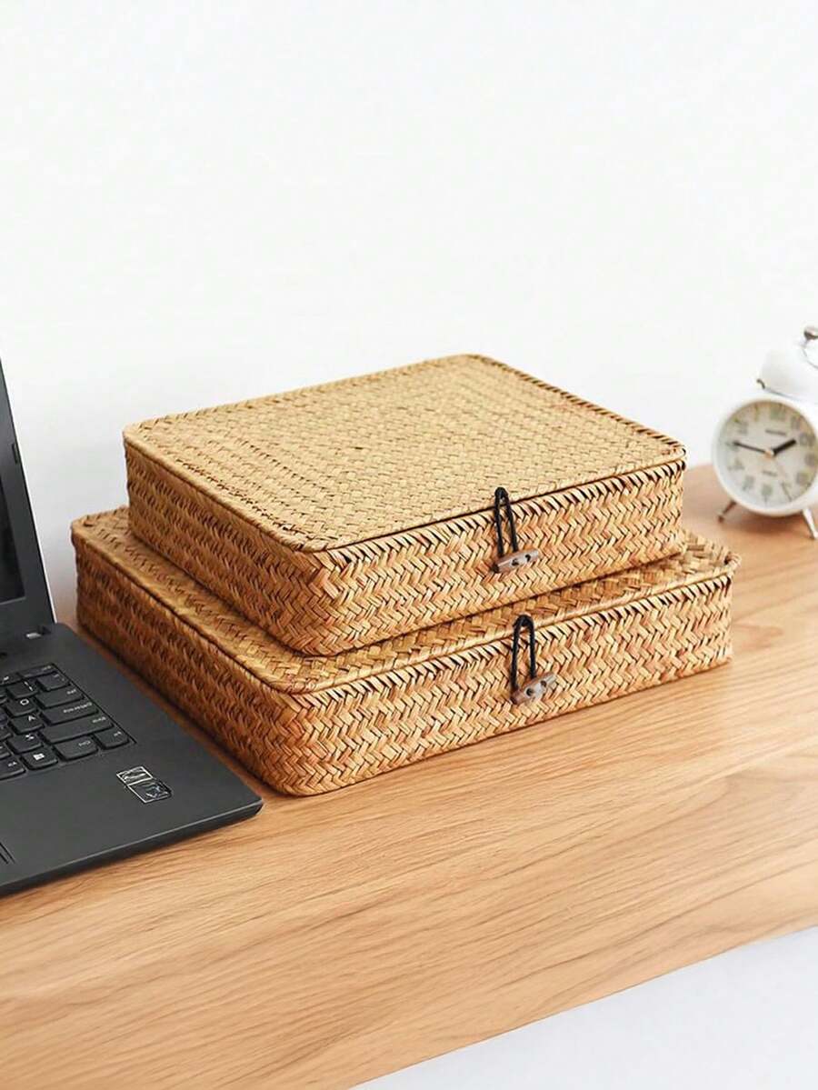 1pc Handwoven Seagrass Storage Basket With Lid, Personalized Decorative Organizer Box, Suitable For Home Display, Bathroom, Kitchen, Snack, Jewelry, New Year Gift Wrapping, Bedroom, Living Room, Drawer, Desktop Cosmetics And Miscellaneous Storage