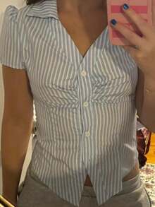 Camisa informal de mujer de manga corta con abotonadura, cintura ajustada, adecuada para ocasiones formales de verano - Azul - Ver 1