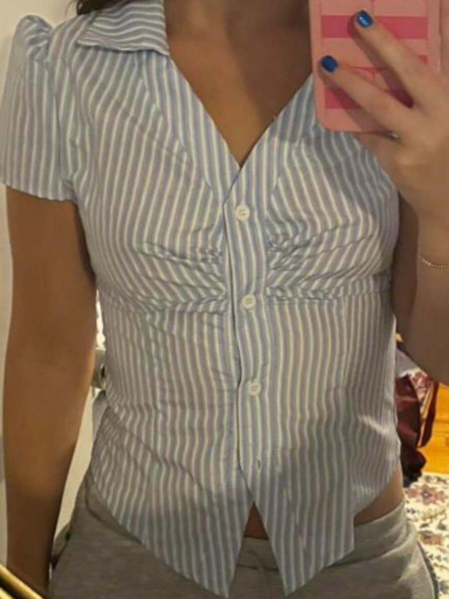 Camisa informal de mujer de manga corta con abotonadura, cintura ajustada, adecuada para ocasiones formales de verano - Azul - Ver 1