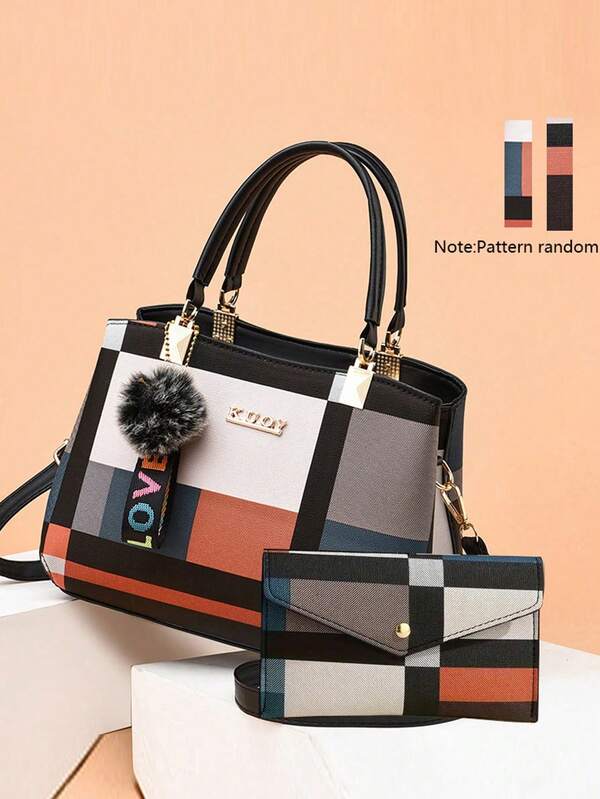 حقيبة نسائية فاخرة جديدة، حقيبة كتف متعددة الاستخدامات بتصميم من قطع مختلفة، حقيبة يد بشكل مربعات من علامة تجارية مصممة