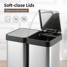 Papelera de cocina con 2 compartimentos, papelera con tapa, cubo de pedal de 20L con cierre suave de acero inoxidable, papelera ligera, reciclaje combinado con pedales, color plata [20L+20L] - Plateado - Ver 3