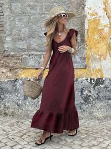 Vestido largo elegante de manga de vuelo con diseño elegante, vestido de verano cómodo y sencillo de unicolor para vacaciones, vestido casual de moda rojo para mujer