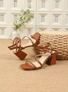 Summer High Heel Sandals, New Solid Color Bohemian Style Buckle Closure Personalized Fairy Style Buckle Roman Open Toe Ladies Shoes